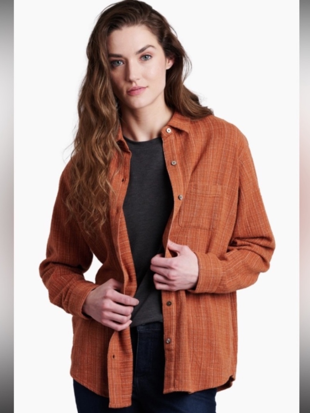 Kuhl Avery Orange Copper Plaid Flannel Button Down Shirt Shacket M
